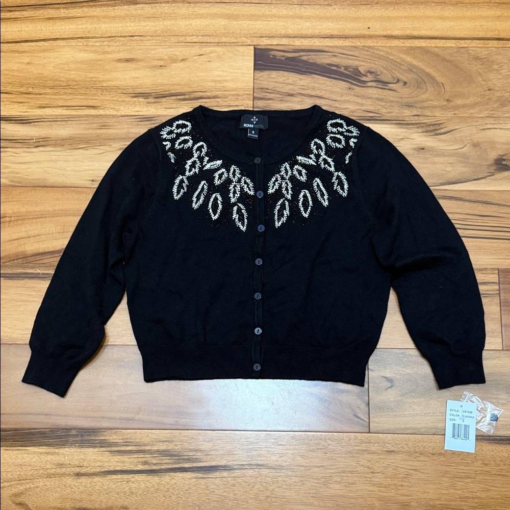 Black Cardigan with Leaf Embroidery